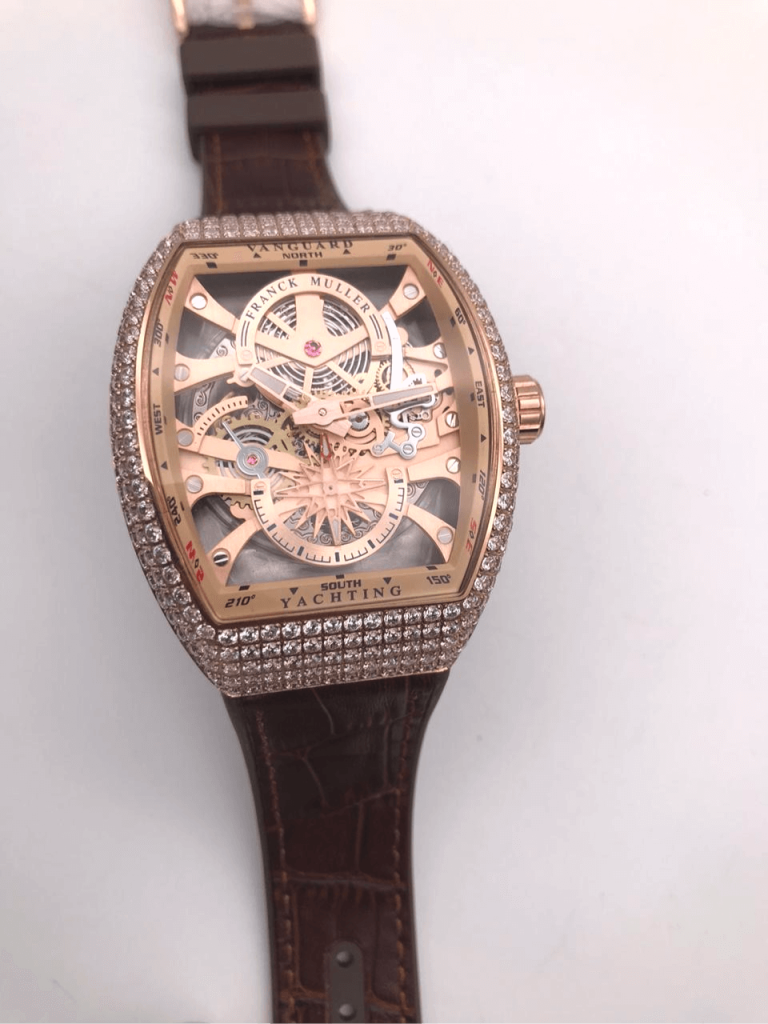 Franck Muller Vanguard Yachting Skeleton Rose Gold Brown leather strap Replica