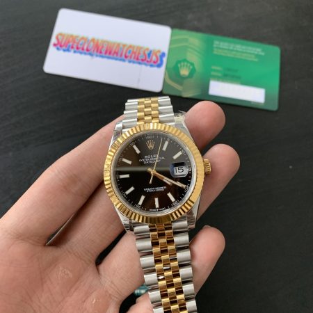 Clone Rolex Datejust Jubilee Two Tone Yellow Gold Black Dial Swiss Movement