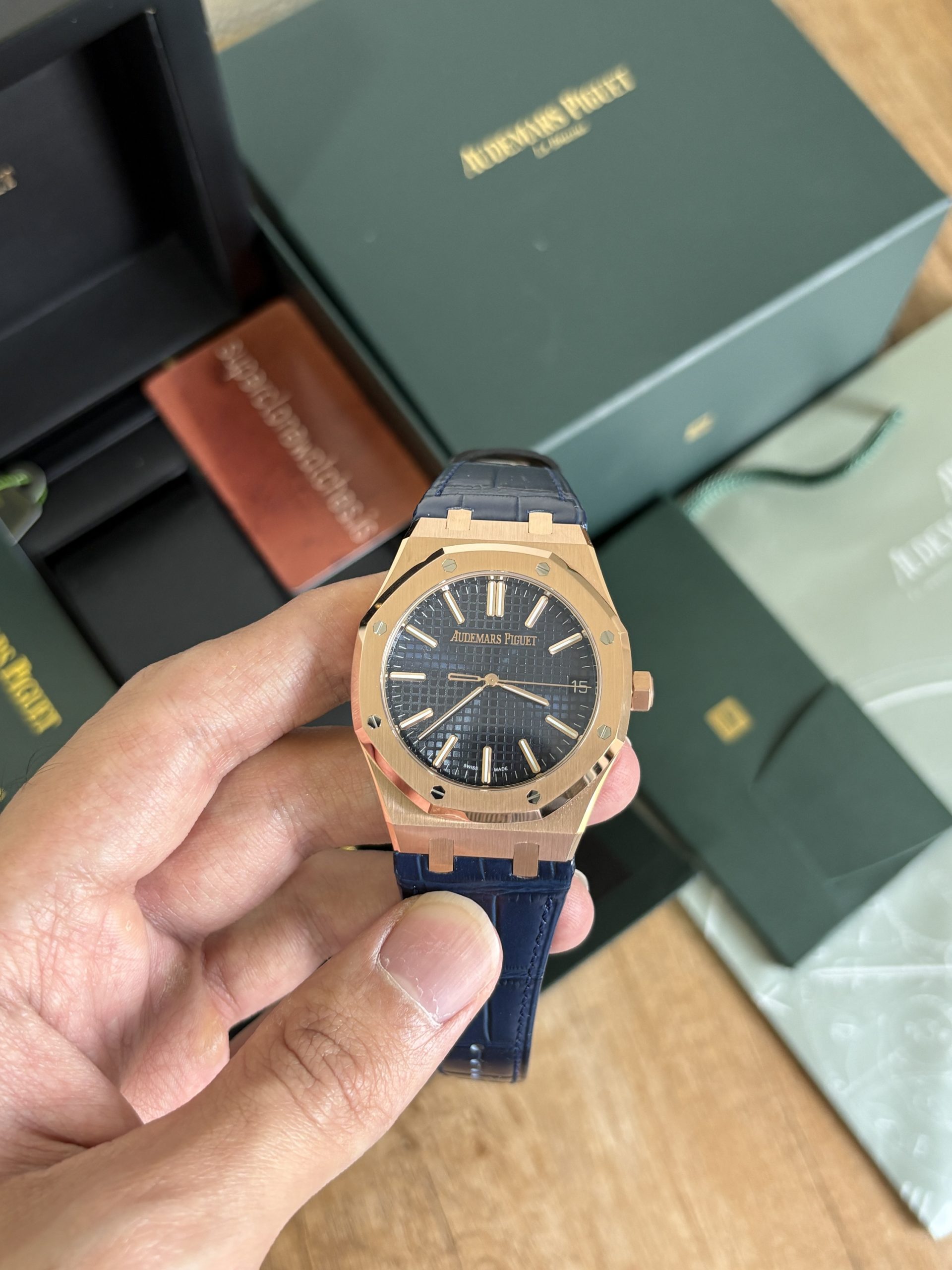 Leather Strap AP 15510 Royal Oak Rose Gold Blue Face Replica