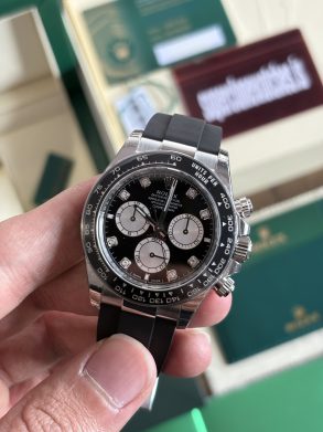 Rolex Daytona White Gold Oysterflex Black Dial Diamond Hour Markers 4131 Clone Movement