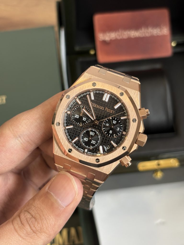 Ap Royal Oak Chrono Rose Gold Black Dial Hyper Fake Watch Clone 4401 Movement