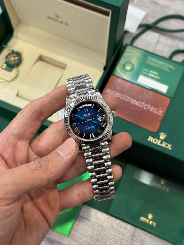Super Rolex Day Date 40 Replica Blue Ombré 18k White Gold Plated Heavy Weight
