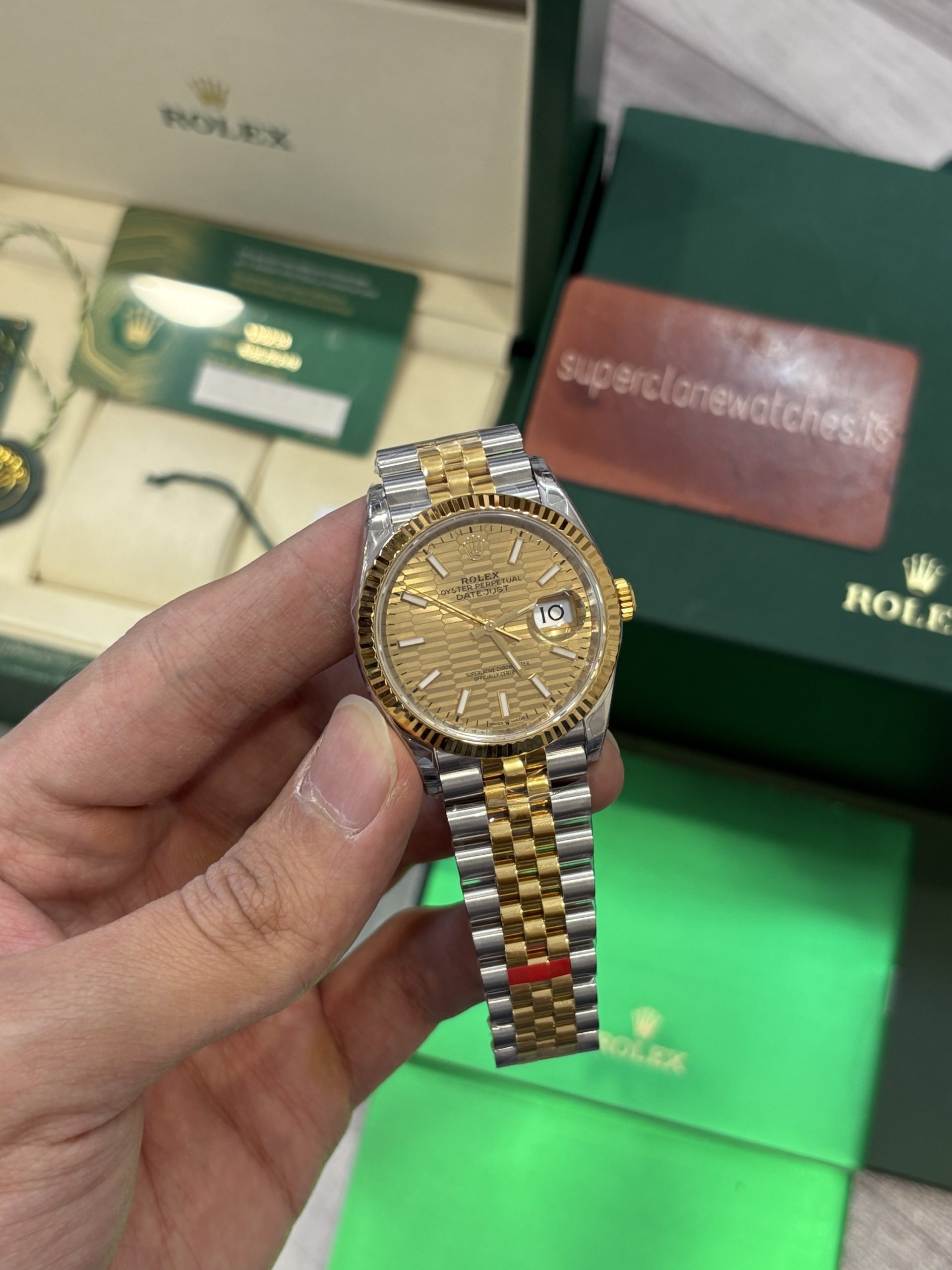 Rolex Datejust 36mm Two Tone Yellow Gold Motif Dial Clone 3235 Movement