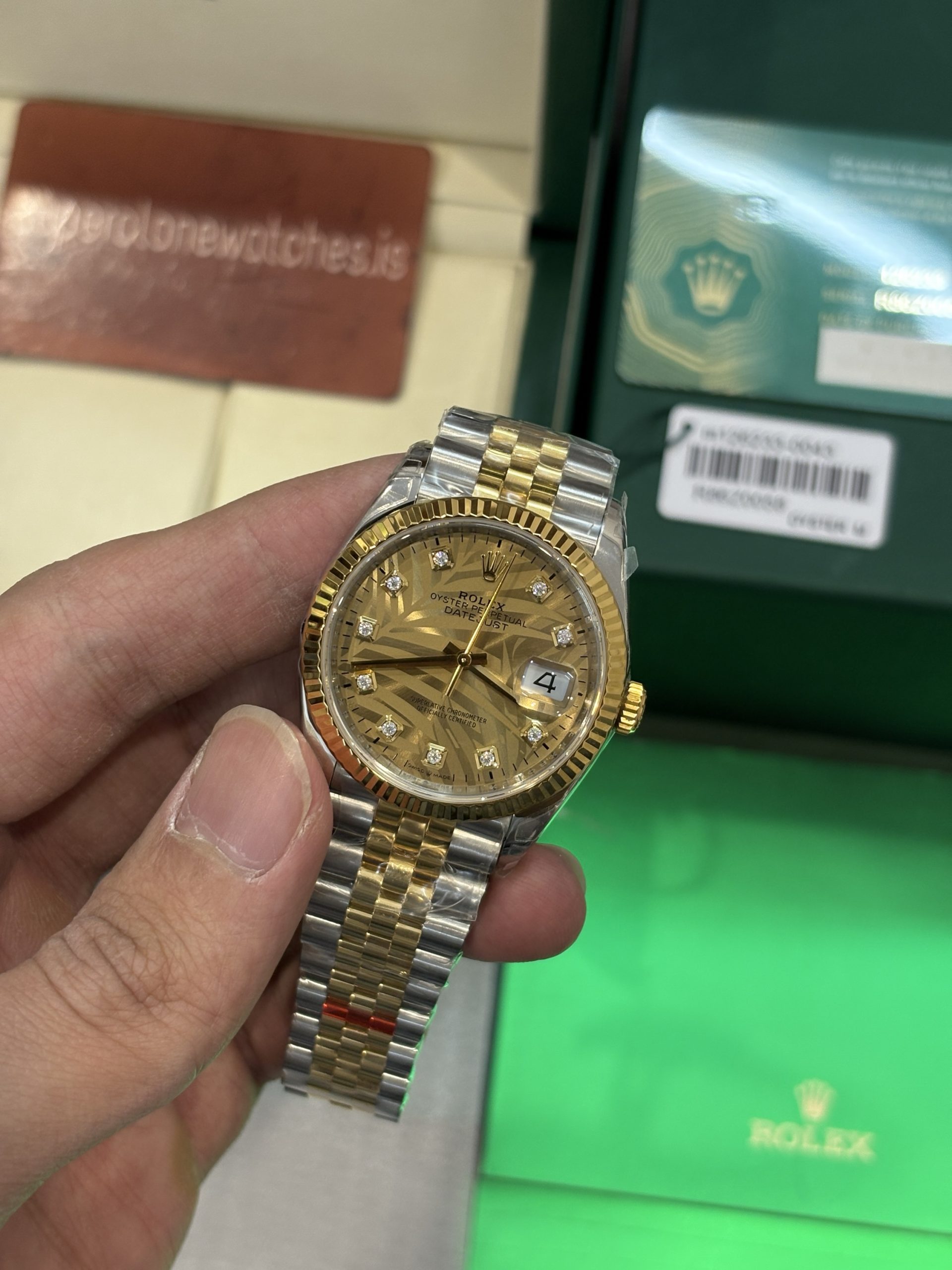 Rolex Datejust 36 Two Tone Yellow Gold Palm Motif Dial Diamond Hour Markers Super Clone