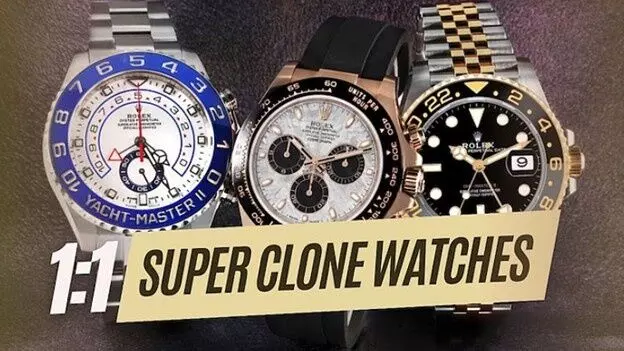 Three 1:1 super clone watches displayed side by side Rolex Yacht-Master II, Rolex Daytona rose gold chronograph, and Rolex GMT-Master II black and gold showing case finishing, dial detail, and bracelet quality up close.