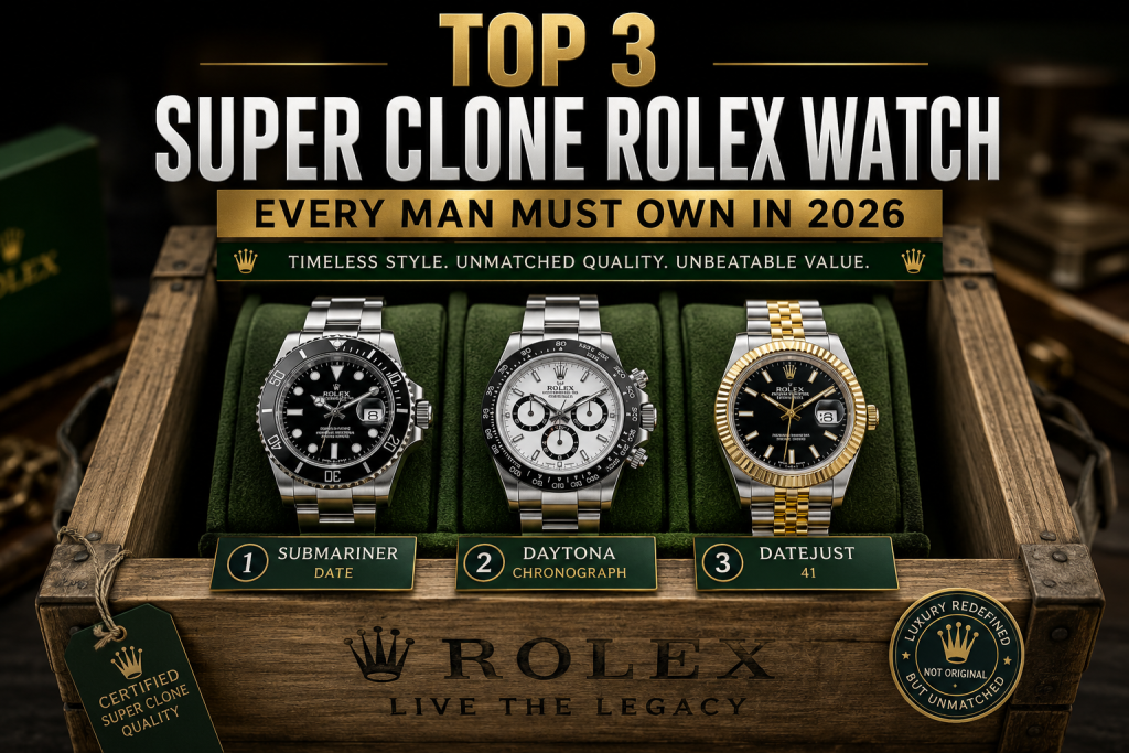 Luxury blog featured image showcasing three premium super clone Rolex-style watches, including Submariner, Daytona, and Datejust-inspired designs, displayed in a wooden presentation box with the headline "Top 3 Super Clone Rolex Watches Every Man Must Own in 2026."